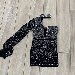 Black One-Shoulder Dress with Silver Accents sequin pearl